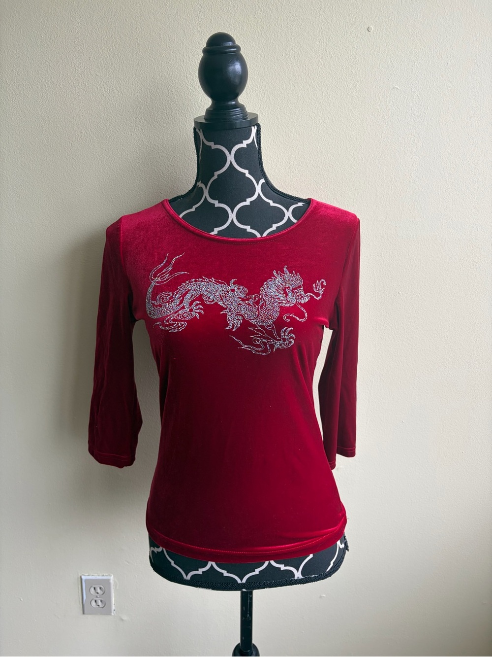 Vintage Women's 90's Red Velvet 3/4-Sleeve Top with Glitter Dragon Whimsigoth